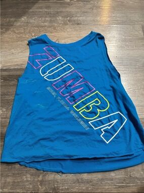 Zumba Fitness tshirt Small Bright Blue Muscle Tee with Multicolor ZUMBA Graphic